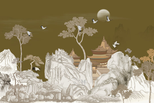新中式線描樓閣山水圖