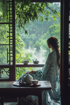 古風(fēng)美女喝茶