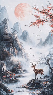 樓閣古風仙鹿仙景