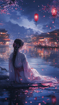古風(fēng)水邊少女夜景