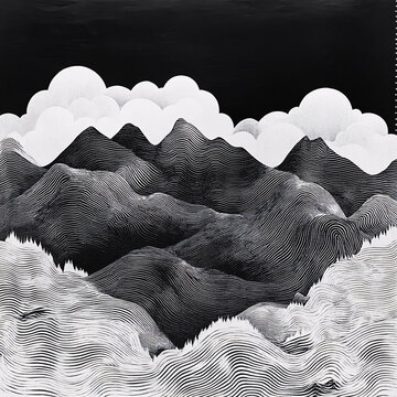 黑白抽象遠(yuǎn)山山水畫