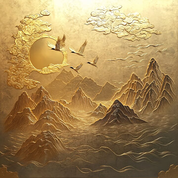 金色浮雕山水