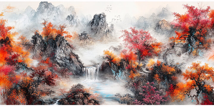 紅葉樹山水畫
