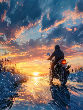 湖邊騎摩托車的人