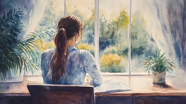 在窗口學(xué)習(xí)的少女