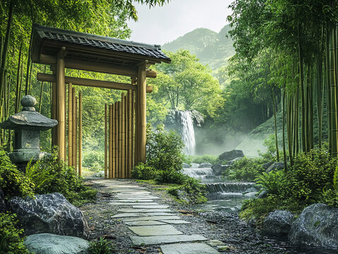 中式庭院竹林假山