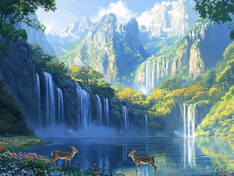 山峰山水畫(huà)油畫(huà)梅花鹿