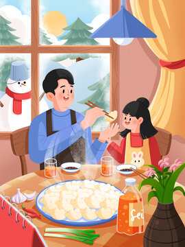 冬至冬天溫馨親子爸爸喂餃子給女兒吃