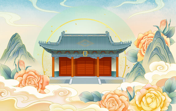 鄭州文廟古建筑插畫