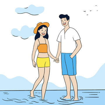 情侶夏日海邊度假簡(jiǎn)筆畫插畫