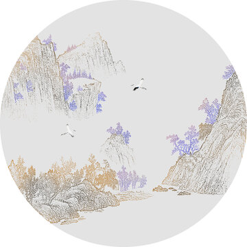 手繪描金線描山水白鶴飛鶴圓形掛圖