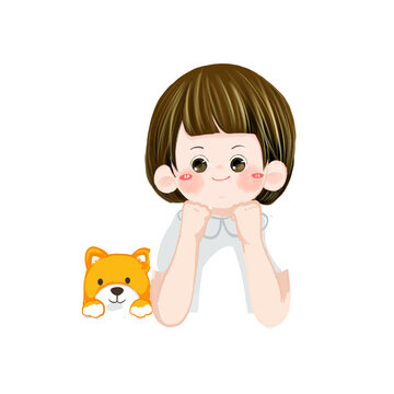 托腮坐著的小朋友和狗免扣素材卡通手繪插畫