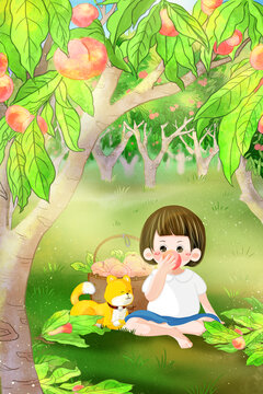 二十四節(jié)氣夏天夏至摘桃子豐收治愈手繪插畫