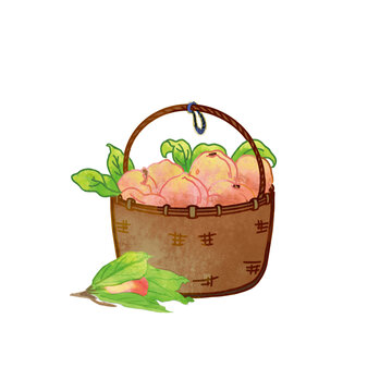 一籃桃子PNG免扣素材卡通手繪插畫
