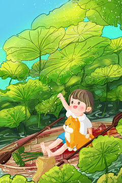 小暑節(jié)氣夏天小朋友和狗荷塘治愈手繪插畫