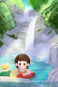 大暑節(jié)氣夏天小朋友玩水瀑布溯溪清涼插畫