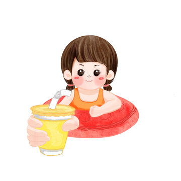 小朋友游泳圈喝飲料免扣素材卡通手繪插畫
