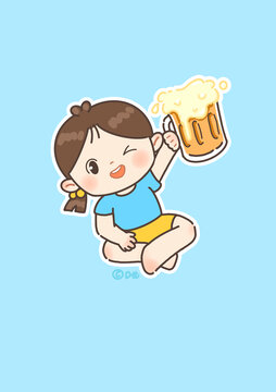 兒童插畫喝啤酒的女孩