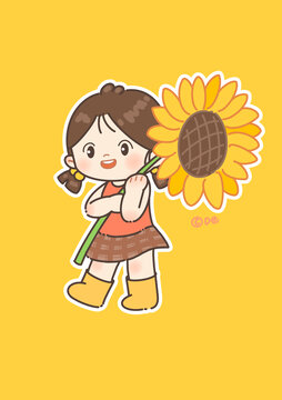 兒童插畫拿向日葵的女孩