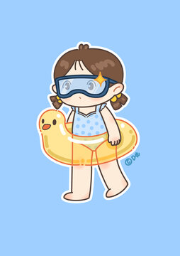 兒童插畫鴨子游泳圈游泳女孩