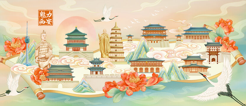 卷軸西安城市地標(biāo)建筑國潮插畫