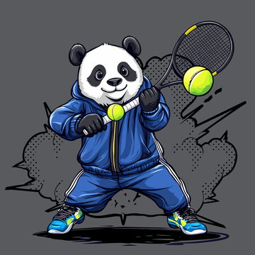 扁平化卡通強(qiáng)壯熊貓打網(wǎng)球藍(lán)色
