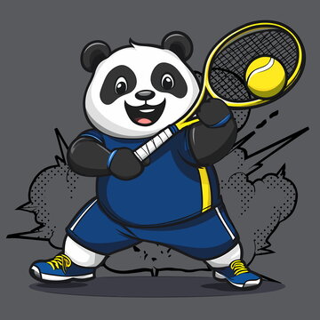 扁平化卡通強(qiáng)壯熊貓打網(wǎng)球藍(lán)色短褲