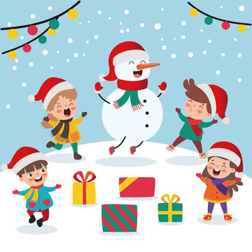 可愛卡通圣誕節(jié)日小朋友堆雪人唱歌