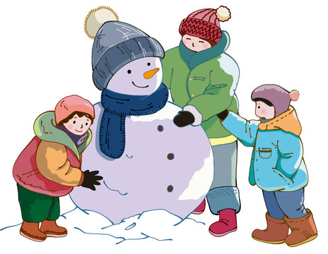 三個(gè)人堆雪人素材