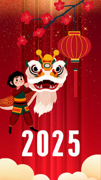 2025新年舞獅喜慶燈籠紅色春節(jié)元旦插畫