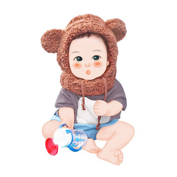 小熊帽子男孩全身像