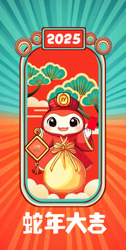 春節(jié)新年卡通可愛(ài)蛇財(cái)神ip海報(bào)設(shè)計(jì)插畫(huà)