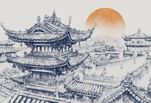 亭臺樓閣古建筑背景墻