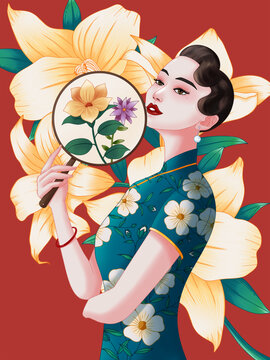復古旗袍鮮花女孩手拿扇子插畫