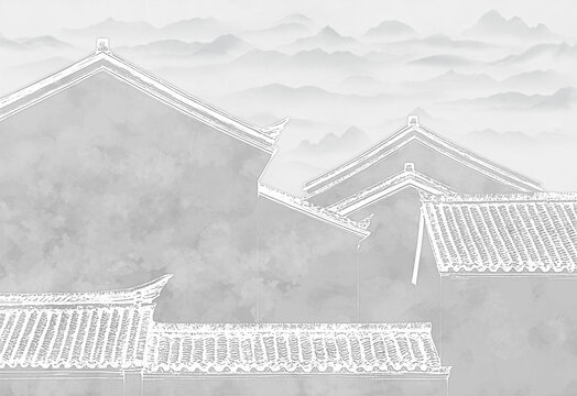 亭臺(tái)樓閣馬頭墻新中式山水背景
