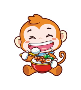卡通可愛小猴干飯形象矢量圖