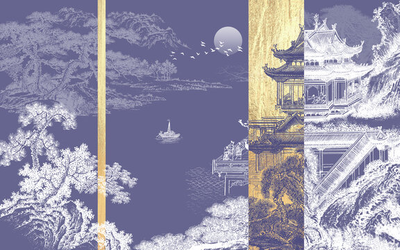 輕奢樓閣山水背景壁畫(huà)