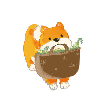 狗叼菜籃素材卡通手繪插畫