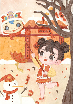 原創(chuàng)水彩風(fēng)蛇年春節(jié)插畫