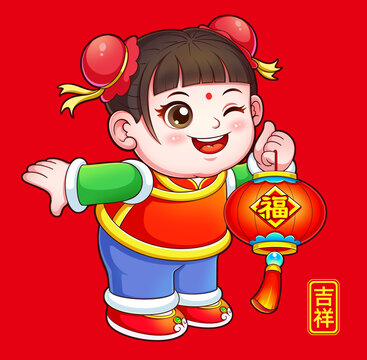 卡通年畫娃娃童子插畫