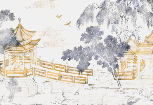 閣樓建筑背景墻新中式