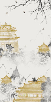 新中式山水樓閣背景玄關(guān)裝飾畫
