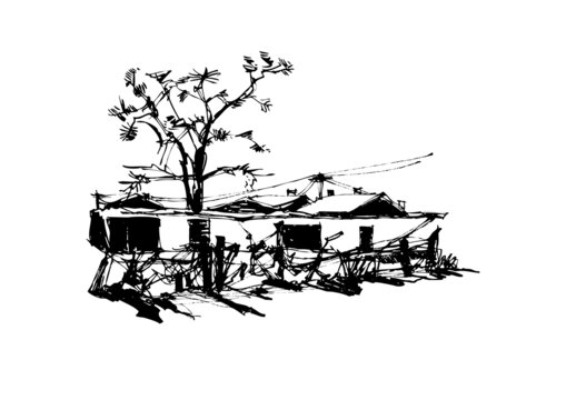 北方民居冬日暖陽(yáng)手繪鋼筆畫(huà)線(xiàn)稿