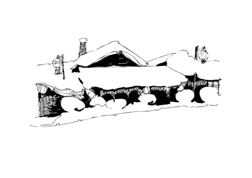 大雪后的北方民居手繪線稿