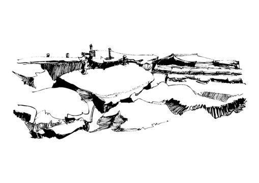 冬季北方村落建筑手繪線稿