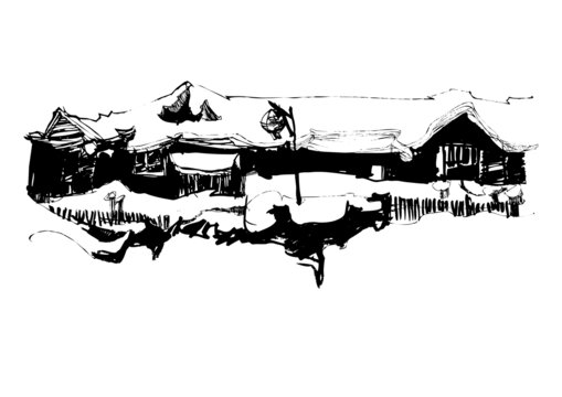 雪鄉(xiāng)五間房建筑手繪線稿