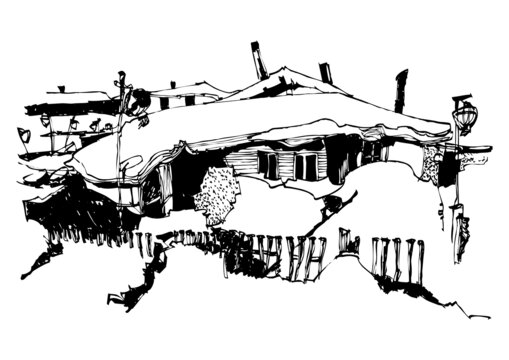 雪鄉(xiāng)紅燈籠村落線稿手繪鋼筆畫(huà)矢量圖
