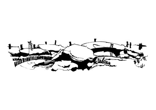 冬日冰雪村落手繪線稿鋼筆畫