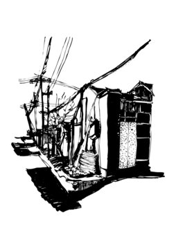 村鄉(xiāng)街道手繪建筑線稿