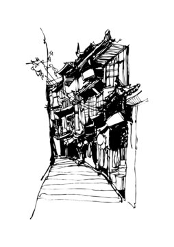 老街建筑手繪鋼筆畫(huà)線稿